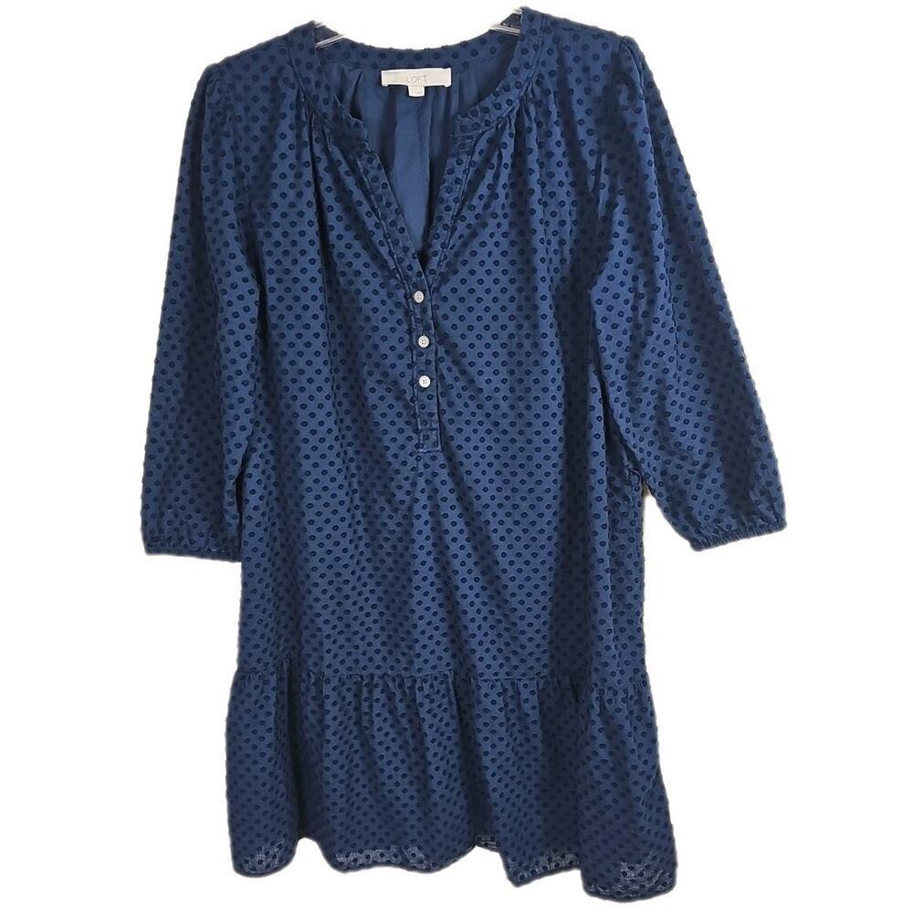 LOFT~Woman Size L~ Navy Blue Henley Flounce Shirtdress Fully Lined. - Picture 12 of 16